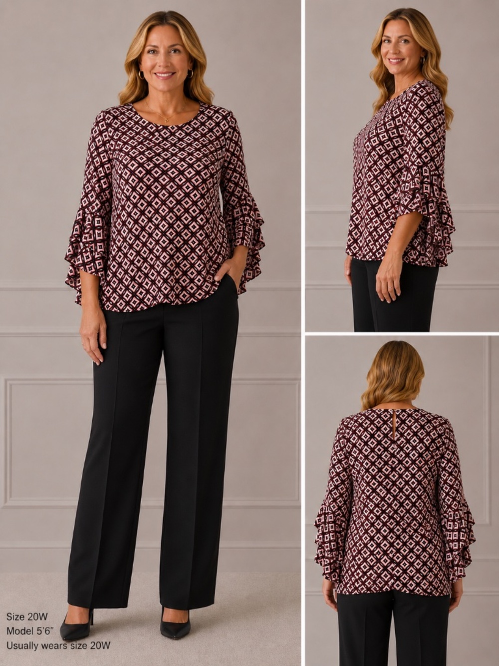 Kasper 2X Red Black White Geometric Print Bell Sleeve Blouse